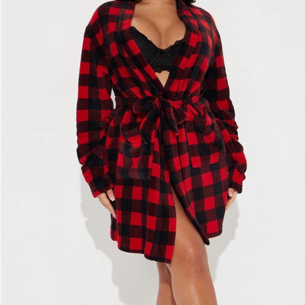 Fashion Nova Always Cozy Plush PJ Robe - Red/Black